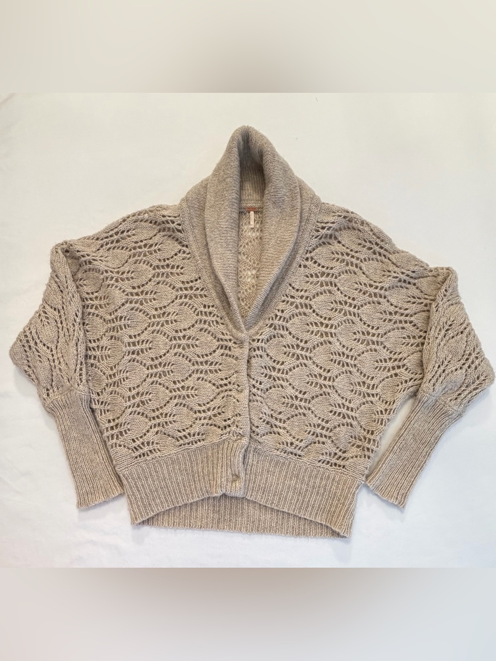 Free People Shawl Collar Open-Knit Cropped Wool Sweater in Beige Size Medium